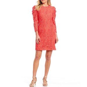 Vince Camuto Puffed Shoulder 3/4 Sleeve Lace Sheath Dress Coral Size 8 New